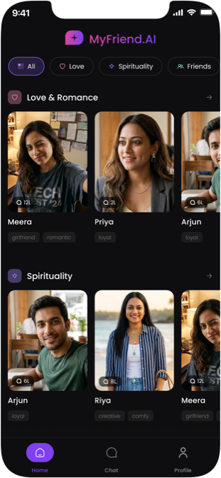 MyFriend.AI app screen showing companion profiles